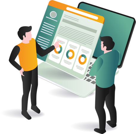 Deux hommes observent un écran d'ordinateur portable rempli de graphiques et de diagrammes collaborant à l'analyse des données  Illustration