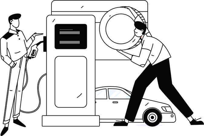 Deux hommes effectuant le paiement du carburant d'une voiture  Illustration