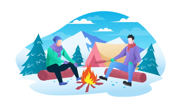 Deux hommes bénéficiant d'un feu de camp sur la montagne en hiver  Illustration