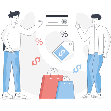 Deux hommes se tiennent à côté d'une carte de crédit et de sacs de courses et discutent de leurs achats récents  Illustration