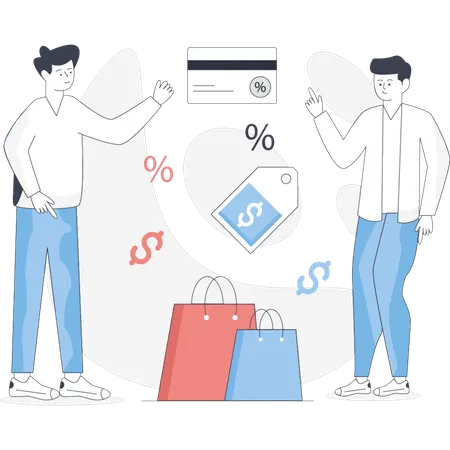 Deux hommes se tiennent à côté d'une carte de crédit et de sacs de courses et discutent de leurs achats récents  Illustration