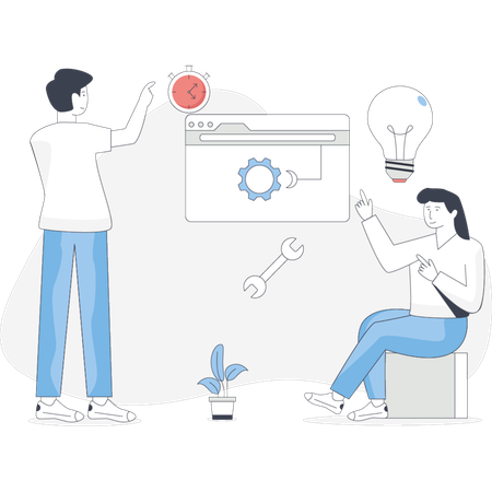 Deux personnes collaborent sur un tableau de projet, discutent d'idées et prennent des notes pour leur travail  Illustration