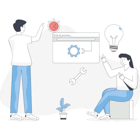 Deux personnes collaborent sur un tableau de projet, discutent d'idées et prennent des notes pour leur travail  Illustration