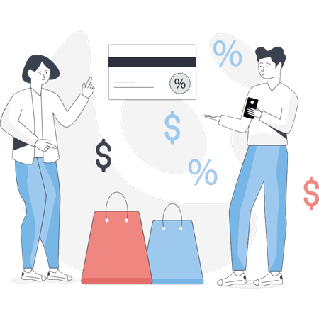 Deux individus tenant des sacs de courses et une carte de crédit symbolisant un récent voyage de shopping ou un achat  Illustration