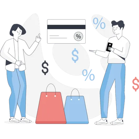 Deux individus tenant des sacs de courses et une carte de crédit symbolisant un récent voyage de shopping ou un achat  Illustration