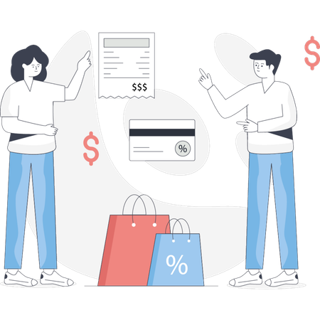 Deux individus tiennent des sacs de courses et une carte de crédit indiquant un récent voyage de magasinage ou un achat  Illustration