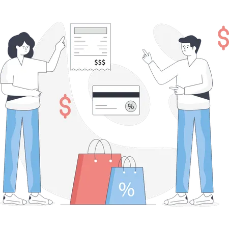 Deux individus tiennent des sacs de courses et une carte de crédit indiquant un récent voyage de magasinage ou un achat  Illustration