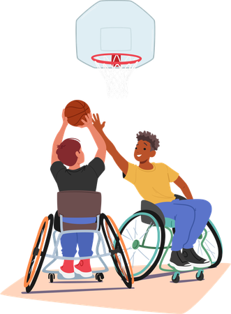 Deux jeunes athlètes en fauteuil roulant jouent au basket-ball  Illustration