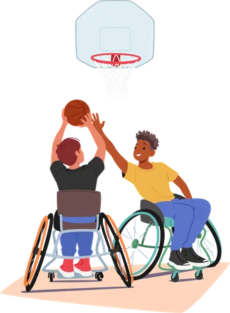 Deux jeunes athlètes en fauteuil roulant jouent au basket-ball  Illustration