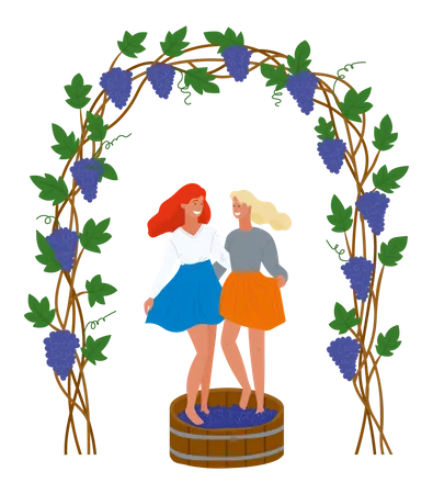 Deux jeunes femmes du village pressent les raisins avec leurs pieds  Illustration