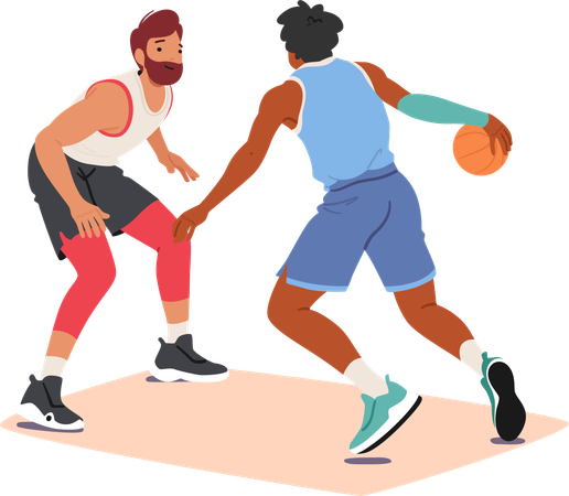 Deux joueurs de basket-ball féroces s'affrontent dans une lutte acharnée pour le ballon  Illustration