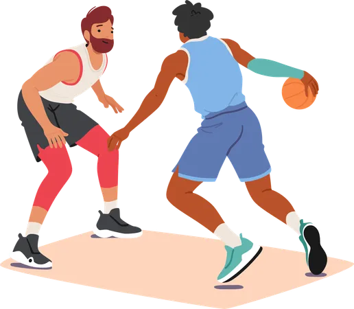 Deux joueurs de basket-ball féroces s'affrontent dans une lutte acharnée pour le ballon  Illustration