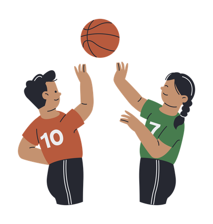 Deux joueurs de basket-ball se rapprochent pour attraper un ballon de basket  Illustration