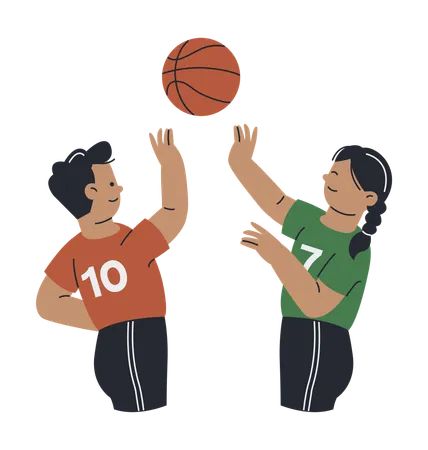 Deux joueurs de basket-ball se rapprochent pour attraper un ballon de basket  Illustration