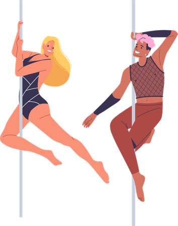 Deux joyeux personnages de dessins animés dansent sur la pole dance avec énergie et enthousiasme  Illustration