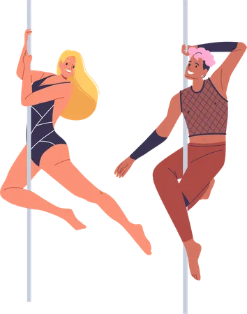 Deux joyeux personnages de dessins animés dansent sur la pole dance avec énergie et enthousiasme  Illustration