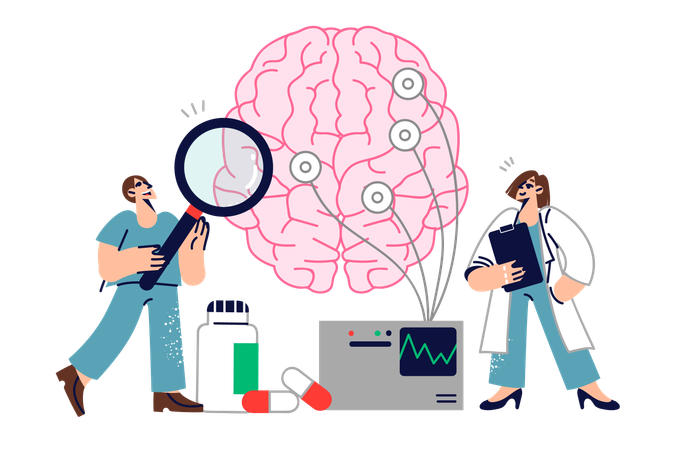 Deux médecins étudient le cerveau humain en menant des expériences neurologiques et en utilisant un équipement EEG  Illustration