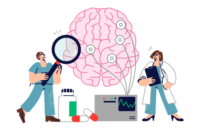 Deux médecins étudient le cerveau humain en menant des expériences neurologiques et en utilisant un équipement EEG  Illustration