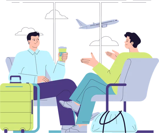 Deux passagers attendant leur vol avec une tasse de café  Illustration