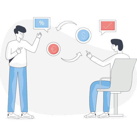 Deux personnes discutent, l'une d'elles pointant vers un bouton, indiquant ainsi l'importance du bouton dans leur discussion.  Illustration