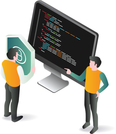 Deux personnes debout à côté d'un écran d'ordinateur affichant un code de programmation  Illustration