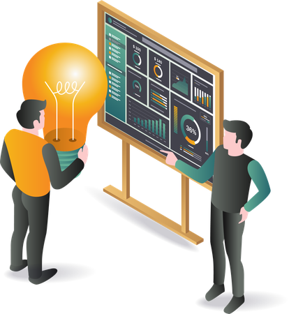 Deux personnes debout devant un tableau avec une ampoule discutant d'analyse de données  Illustration