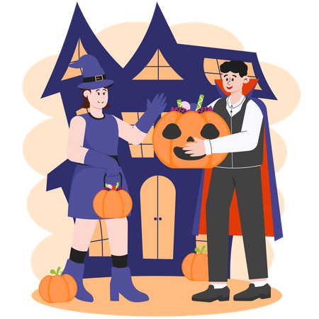 Deux personnes font des bonbons ou des friandises pour des bonbons d'Halloween  Illustration