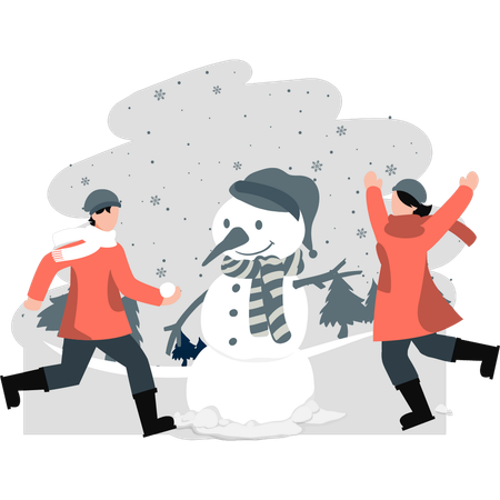 Deux personnes faisant un bonhomme de neige et jouant avec la neige  Illustration