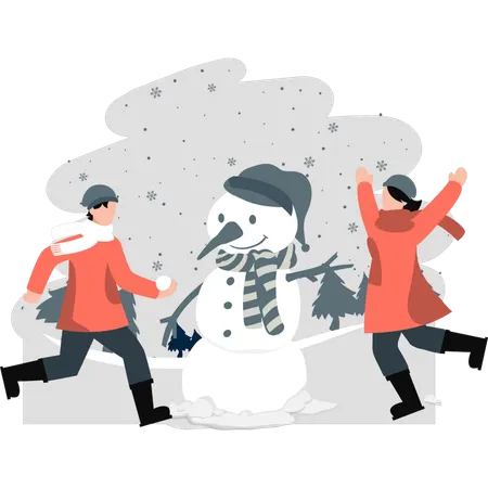 Deux personnes faisant un bonhomme de neige et jouant avec la neige  Illustration