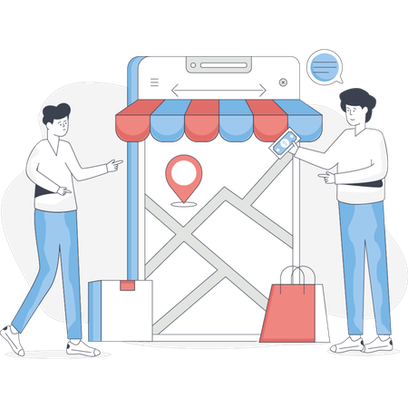 Deux personnes se tiennent à côté d'un téléphone portable affichant une carte et discutant des directions ou d'un emplacement  Illustration