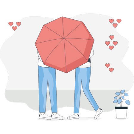 Deux personnes se tiennent côte à côte et partagent un parapluie pour se protéger de la pluie  Illustration