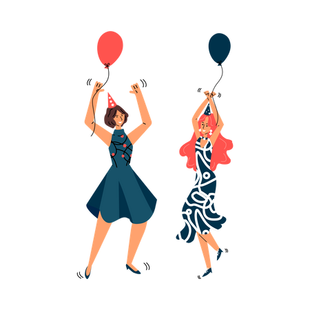 Deux amies dansant avec un ballon  Illustration