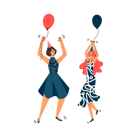 Deux amies dansant avec un ballon  Illustration