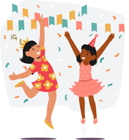 Deux petites filles sautant dans les airs lors d'une fête d'anniversaire avec des gestes joyeux  Illustration