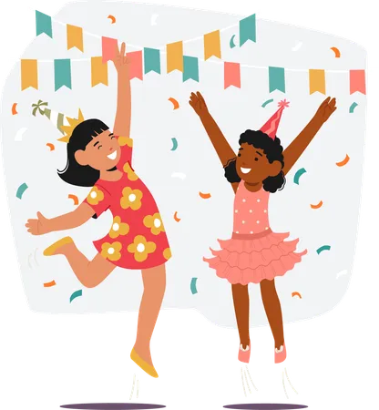 Deux petites filles sautant dans les airs lors d'une fête d'anniversaire avec des gestes joyeux  Illustration