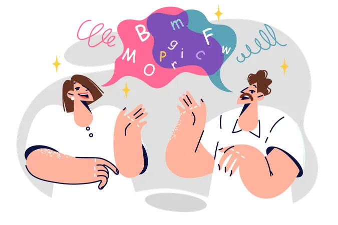 Deux polyglottes conversent pour apprendre l'anglais et pratiquer la prononciation correcte des mots étrangers  Illustration