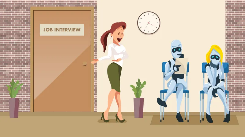Deux robots en attente d'un entretien d'embauche au bureau  Illustration