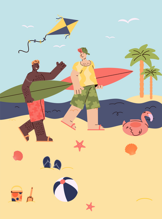 Deux surfeurs en vacances marchant avec des planches de surf  Illustration