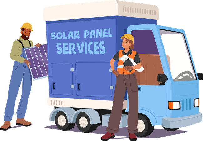 Deux techniciens installent des panneaux solaires avec un camion de service  Illustration