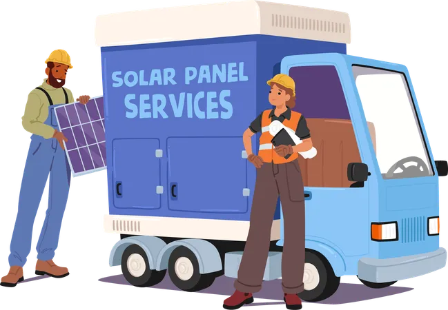 Deux techniciens installent des panneaux solaires avec un camion de service  Illustration