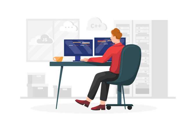 Developer doing coding watching two display  Illustration