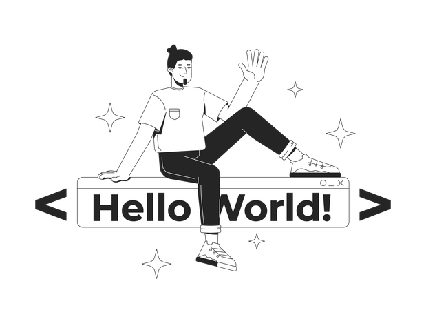 Developer over hello world text banner  Illustration