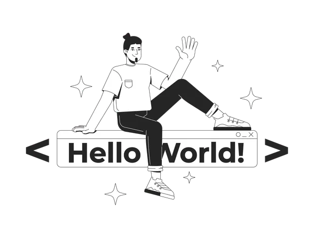 Developer over hello world text banner  Illustration