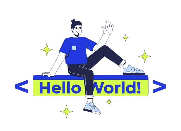 Developer over hello world text banner  Illustration