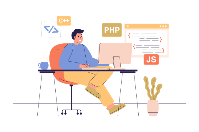 Developer sitting at computer  Illustration