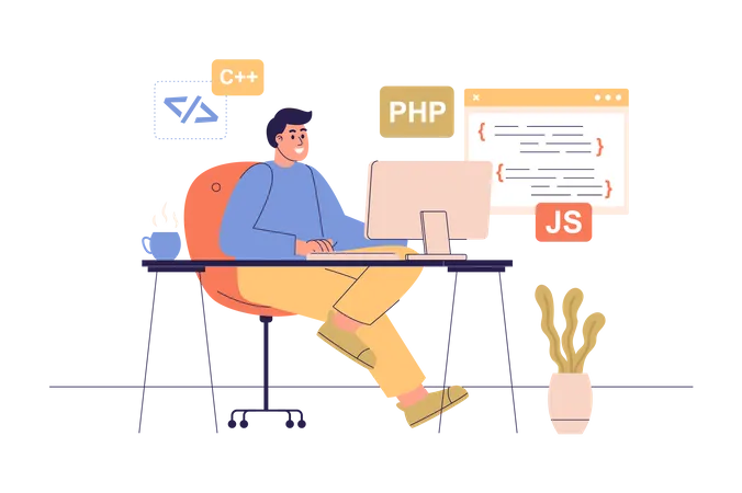 Developer sitting at computer  Illustration