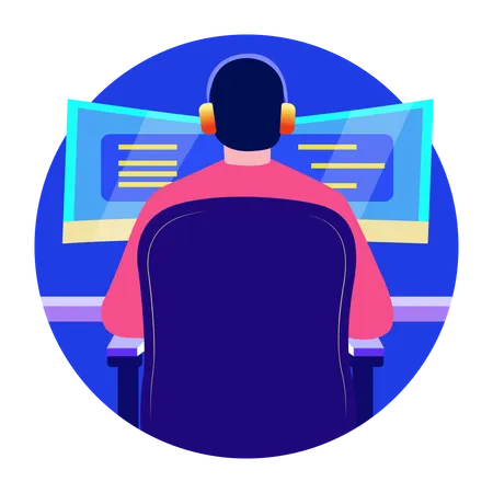 Developer sitting in front of system screen  Illustration