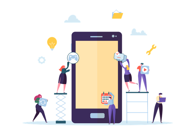 Developer team building mobile application  Illustration