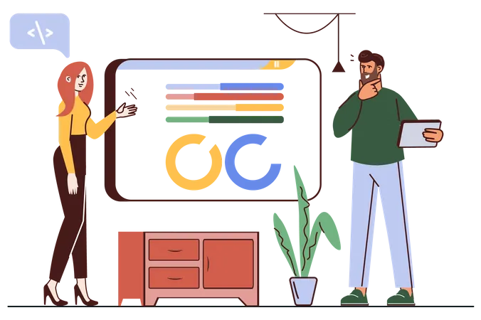 Software Developer Concept With People Scene In Flat Cartoon Design Woman And Man Discuss The Development Of New Software Using A Multimedia Board With Diagrams Vector Illustration Illustration