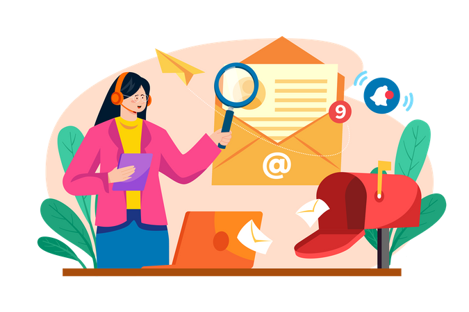 Developer with magnifying glass working with customer mail  Illustration